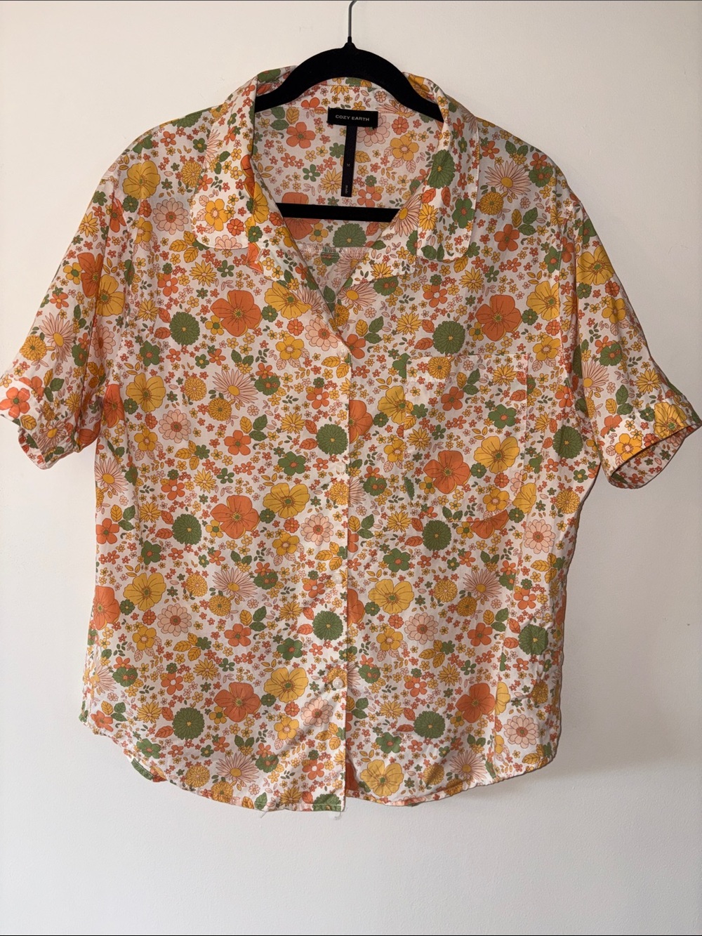 Cozy Earth Floral Short-Sleeve Button Front Top in Orange & Green- M - Picture 1 of 7